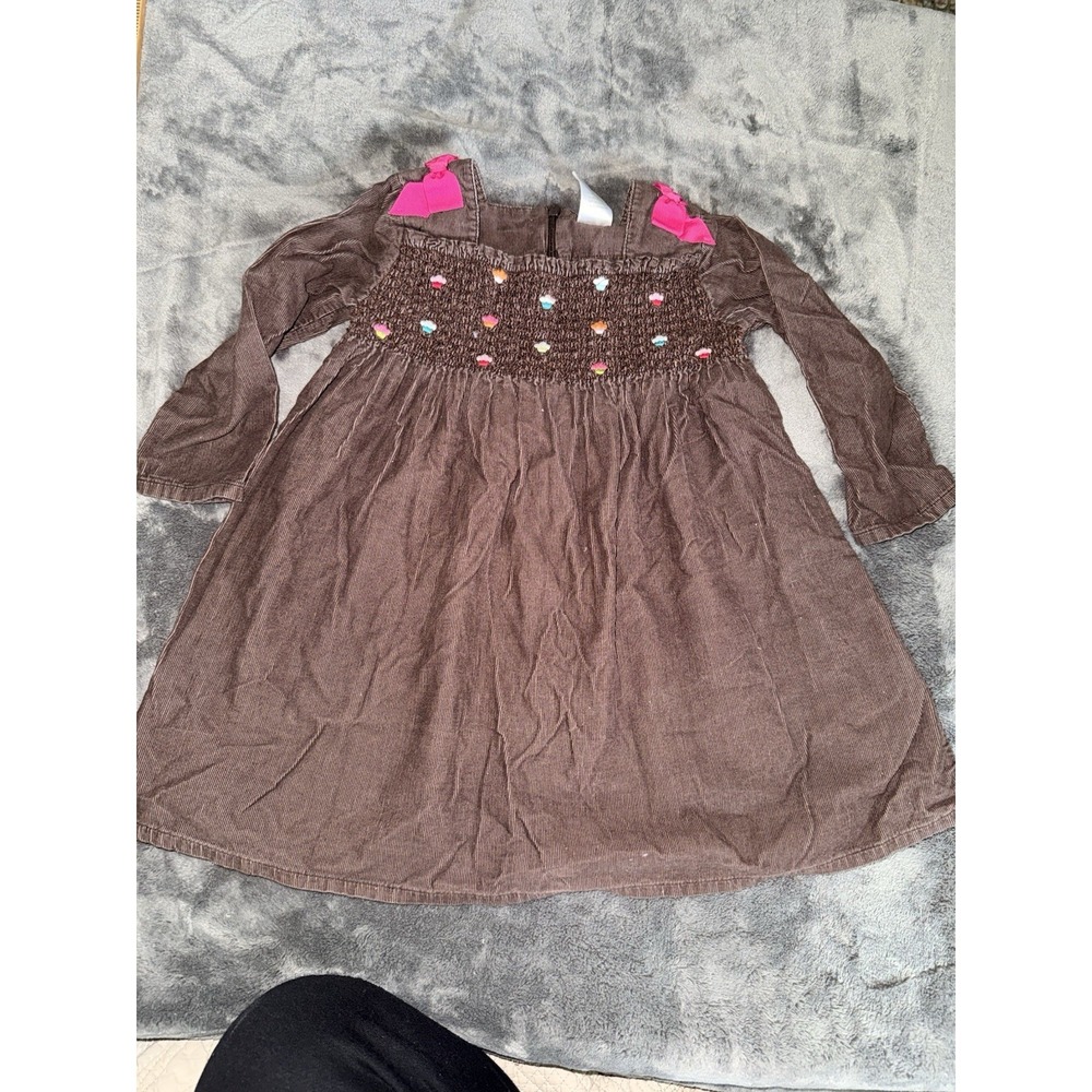 Vintage Gymboree Smocked Brown Corduroy Dress Embroidered Flowers Fall Bows